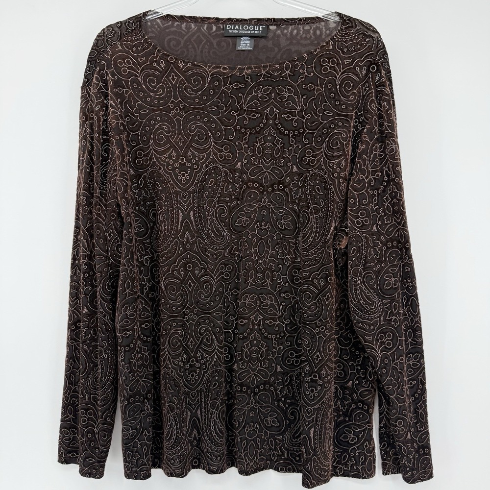 Dialogue Top Womens Brown Velour Burn Out Paisley Long Sleeve Sheer Fairy Grunge
